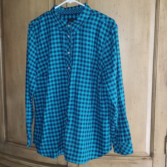 Talbots Button Down Shirt Long Sleeve Collared 100% Cotton Plaid Blue Green XL - Picture 2 of 9